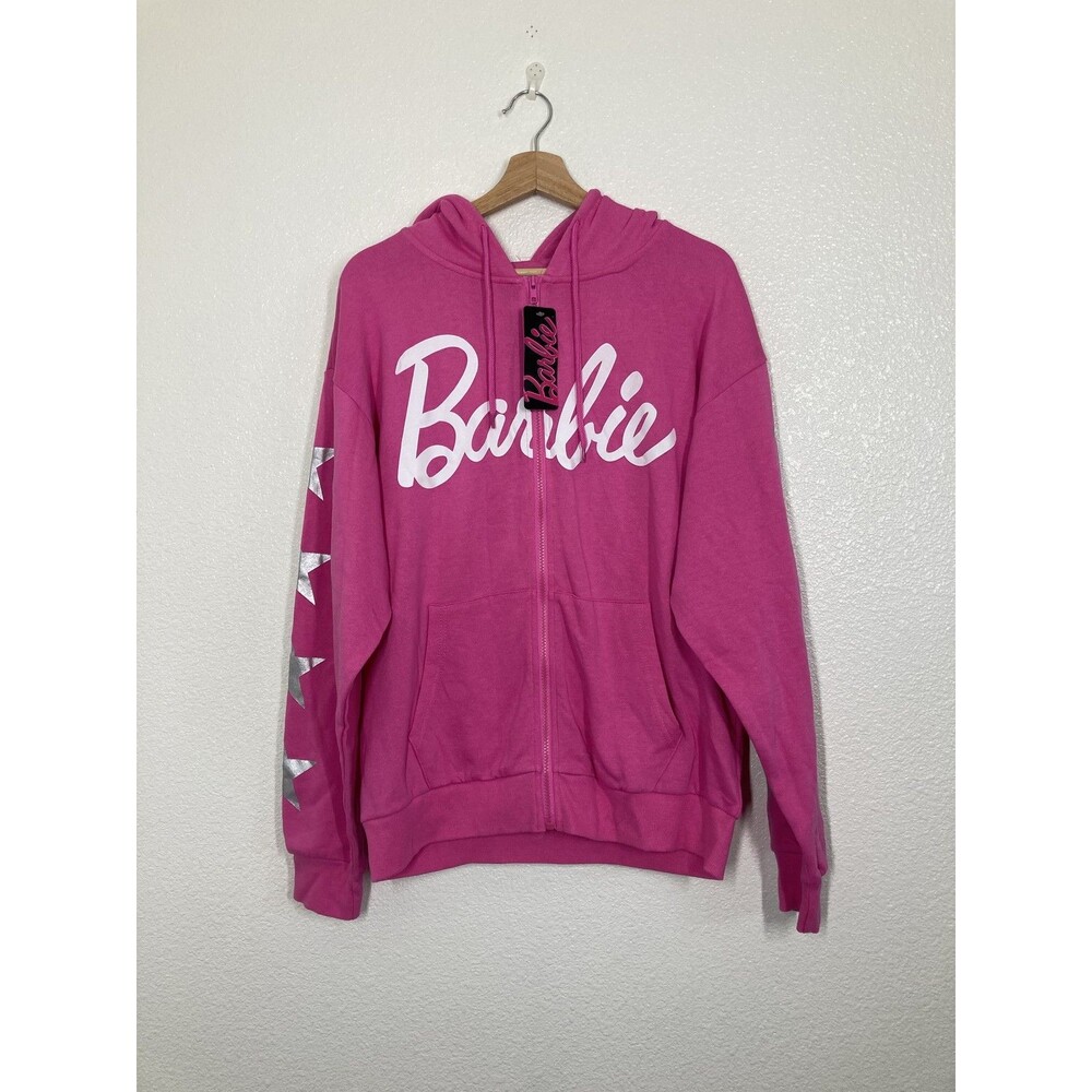 Barbie Hoodie Womens Large Zip Up Star Graphic Sweatshirt Hooded Jacket NWT pink